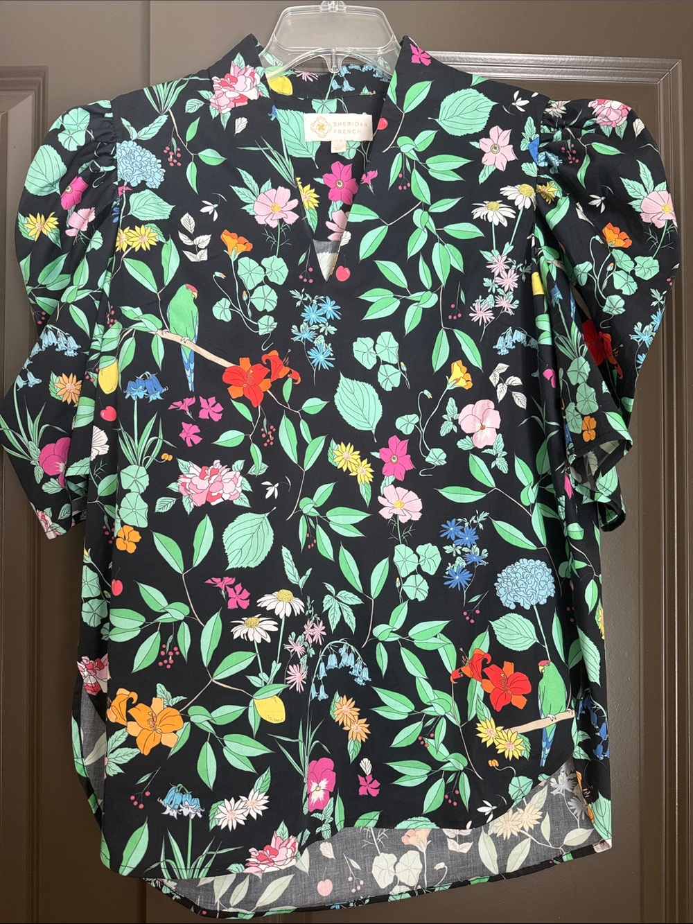 Floral Puff-Sleeve V-Neck Blouse in Black